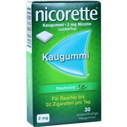 Grüne Packung Nicorette Kaugummi mit 2 mg Nikotin, freshmint, für Raucher bis 20 Zigaretten täglich.