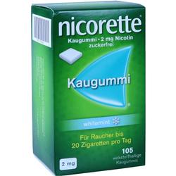 Grüne Packung Nicorette Kaugummi mit Minzgeschmack und 2 mg Nicotin.